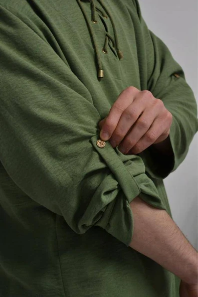 Hac ve Umre İçin Erkek Takım-Lastikli Pantolon&Dik Yaka Gömlek Yeşil - 2