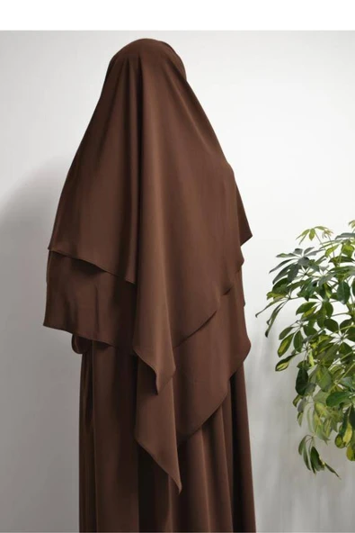 Medine İpeği Elbise- Sufle ve Peçe Takım Üç Parça Set Kahverengi - Resim 3