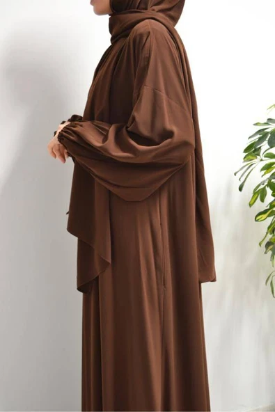 Medine İpeği Kendinden Şallı Ferace Kahverengi - Resim 3