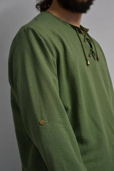 Hac ve Umre İçin Erkek Takım-Lastikli Pantolon&Dik Yaka Gömlek Yeşil - Resim 6