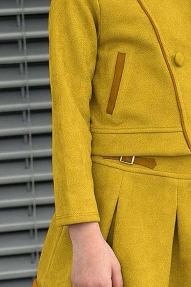 Kız Çocuk Asimetrik Kesim Gömlek Yaka Ceket Eteği Şerit Detaylı Pliseli Süet Hardal Etekli Takım - 3