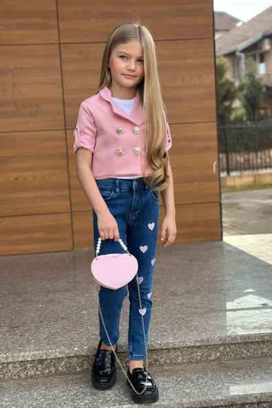 Kız Çocuk Gümüş Düğme Detaylı Pudra Blazer Ceket Kalp Detaylı Jean Pantolon Alt Üst Takım 2251205016
