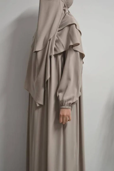 Medine İpeği Elbise- Sufle ve Peçe Takım Üç Parça Set Bej - Resim 3