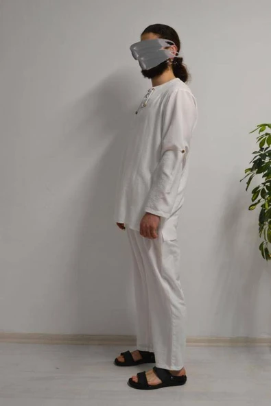 Hac ve Umre İçin Erkek Takım-Lastikli Pantolon&Dik Yaka Gömlek Beyaz - 2