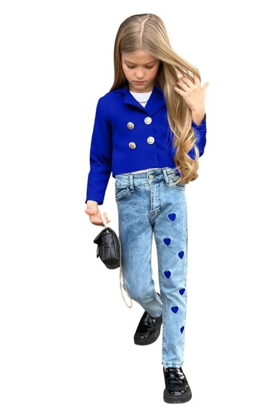 Kız Çocuk Gümüş Düğme Detaylı Lacivert Blazer Ceket Kalp Detaylı Jean Pantolon Alt Üst Takım 2251205017 - 2