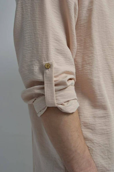 Hac ve Umre İçin Erkek Takım -Lastikli Pantolon&Dik Yaka Gömlek Bej - 6