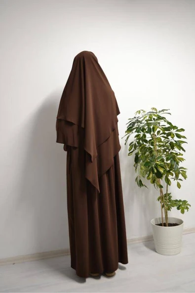 Medine İpeği Elbise- Sufle ve Peçe Takım Üç Parça Set Kahverengi - Resim 4