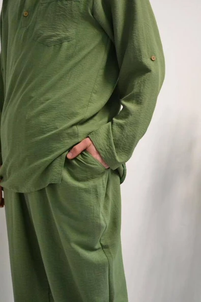 Erkek Pamuklu Aerobin Kumaş Hac ve Umre Takımı Yeşil -Bol Kesim-Rahat Kalıp - Resim 4