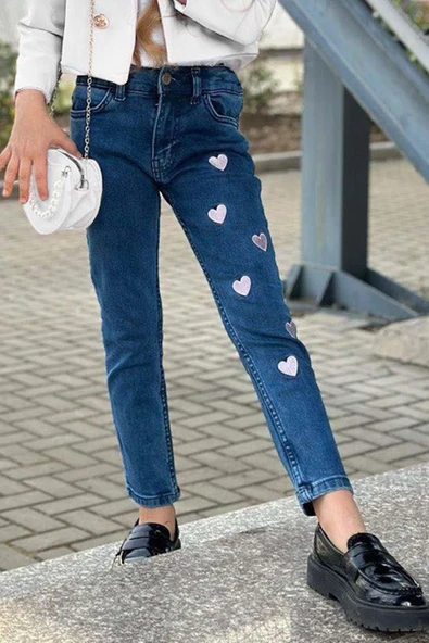 Kız Çocuk Gümüş Düğme Detaylı Beyaz Blazer Ceket Kalp Detaylı Jean Pantolon Alt Üst Takım 2251205015 - 4