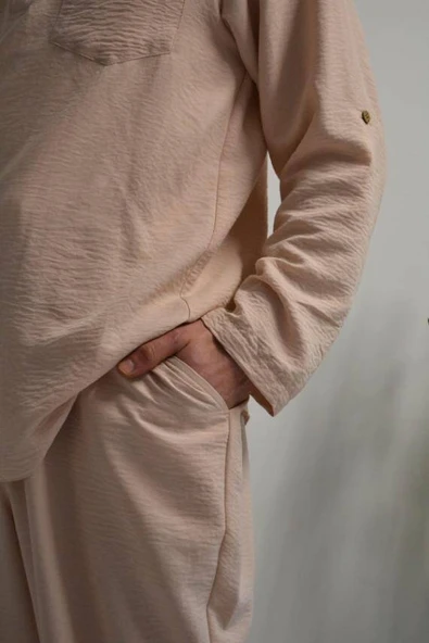 Erkek Pamuklu Aerobin Kumaş Hac ve Umre Takımı Bej -Bol Kesim-Rahat Kalıp - Resim 3