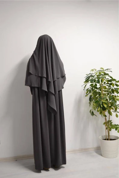 Medine İpeği Elbise- Sufle ve Peçe Takım Üç Parça Set Füme - Resim 4