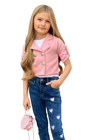 Kız Çocuk Gümüş Düğme Detaylı Pudra Blazer Ceket Kalp Detaylı Jean Pantolon Alt Üst Takım 2251205016 - 7
