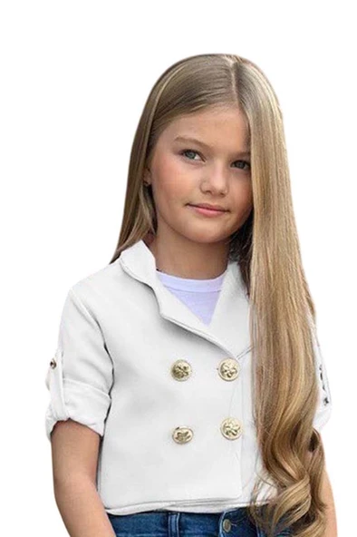 Kız Çocuk Gümüş Düğme Detaylı Beyaz Blazer Ceket Kalp Detaylı Jean Pantolon Alt Üst Takım 2251205015 - 3