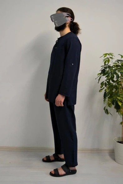 Hac ve Umre İçin Erkek Takım-Lastikli Pantolon&Dik Yaka Gömlek Lacivert - Resim 4