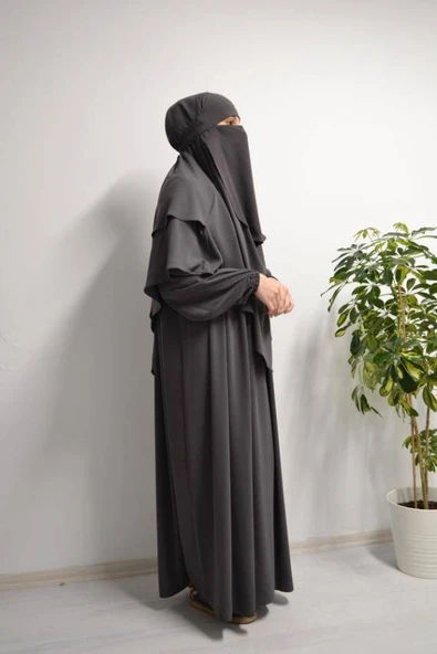 Medine İpeği Elbise- Sufle ve Peçe Takım Üç Parça Set Füme ürün görseli