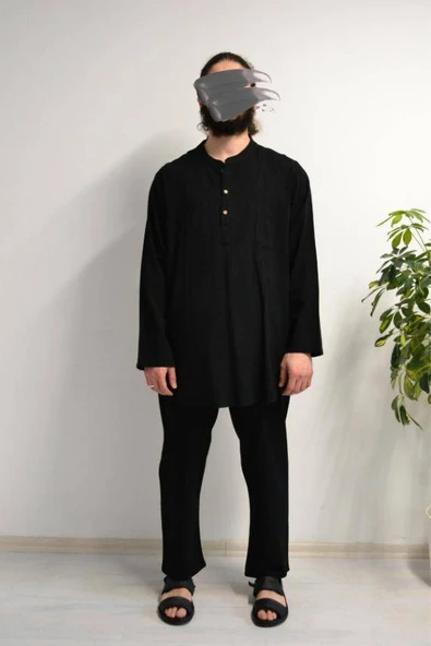 Afgan Model Pamuklu Keten Erkek Takım Siyah– Rahat Kalıp ürün görseli 1