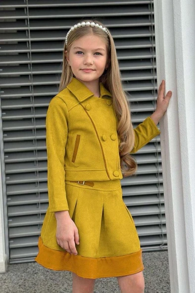Kız Çocuk Asimetrik Kesim Gömlek Yaka Ceket Eteği Şerit Detaylı Pliseli Süet Hardal Etekli Takım - 4