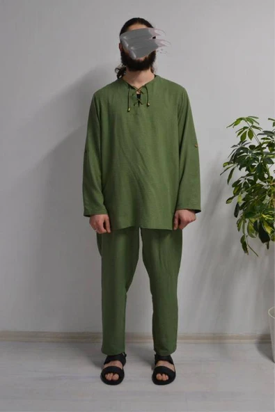 Hac ve Umre İçin Erkek Takım-Lastikli Pantolon&Dik Yaka Gömlek Yeşil ürün görseli