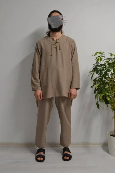 Hac ve Umre İçin Erkek Takım-Lastikli Pantolon&Dik Yaka Gömlek Vizon