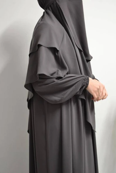 Medine İpeği Elbise- Sufle ve Peçe Takım Üç Parça Set Füme - Resim 3