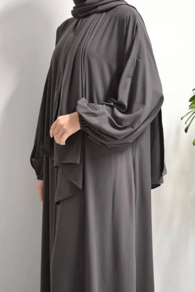 Medine İpeği Kendinden Şallı Ferace Füme - Resim 2