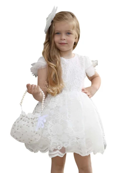 Kız Çocuk Üzeri Boydan Dantel Güpür İşlemeli Şeffaf Tüllü Sıfır Kol Beyaz Elbise - Resim 2