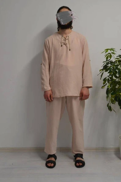 Hac ve Umre İçin Erkek Takım -Lastikli Pantolon&Dik Yaka Gömlek Bej ürün görseli