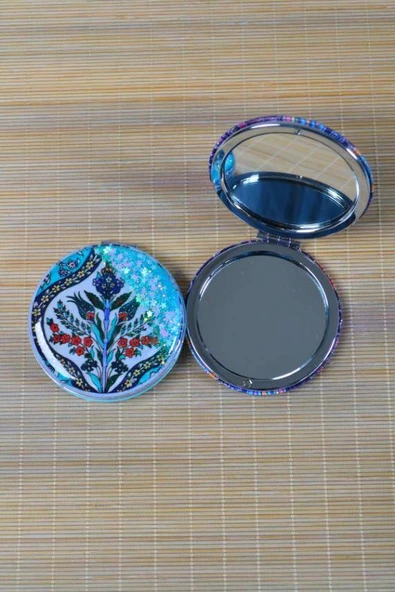 Cep Çanta Aynası, Makyaj Aynası Etnik Desenli Yuvarlak 7x7cm - Resim 3