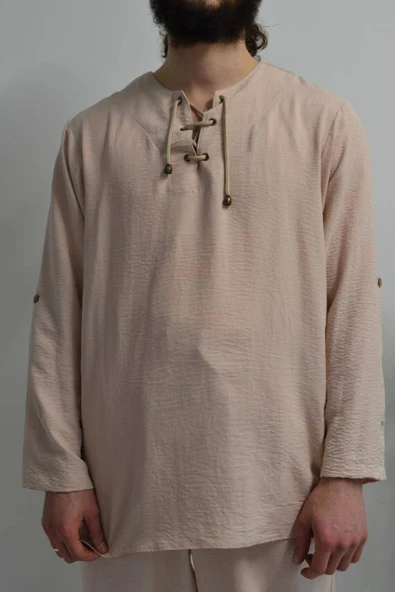 Hac ve Umre İçin Erkek Takım -Lastikli Pantolon&Dik Yaka Gömlek Bej - Resim 4