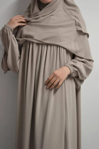 Medine İpeği Elbise- Sufle ve Peçe Takım Üç Parça Set Bej - Resim 4