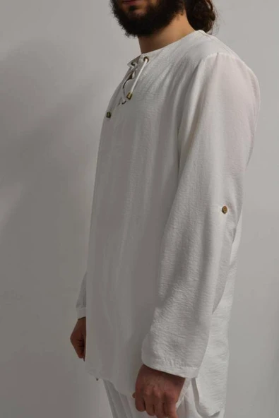 Hac ve Umre İçin Erkek Takım-Lastikli Pantolon&Dik Yaka Gömlek Beyaz - Resim 6