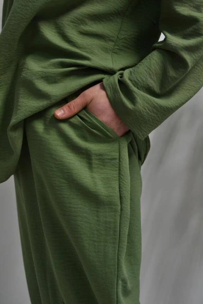 Hac ve Umre İçin Erkek Takım-Lastikli Pantolon&Dik Yaka Gömlek Yeşil - 3