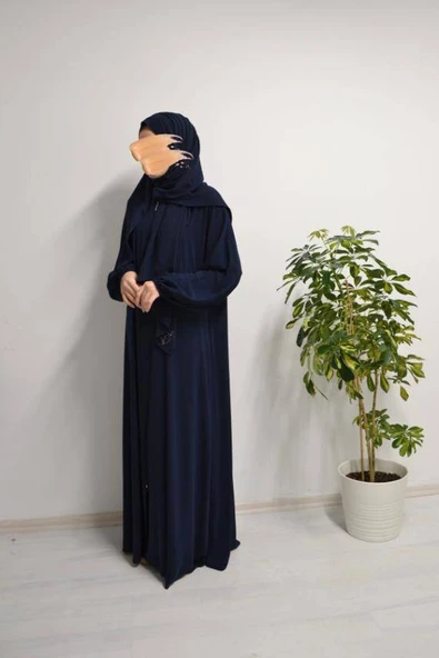 Medine İpeği Kendinden Şallı Ferace Lacivert - Resim 5