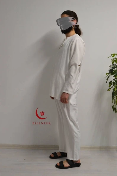 Hac ve Umre İçin Erkek Takım-Lastikli Pantolon&Dik Yaka Gömlek Beyaz - 6