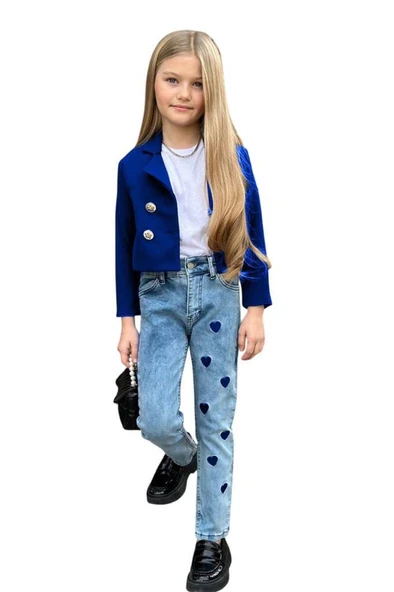 Kız Çocuk Gümüş Düğme Detaylı Lacivert Blazer Ceket Kalp Detaylı Jean Pantolon Alt Üst Takım 2251205017