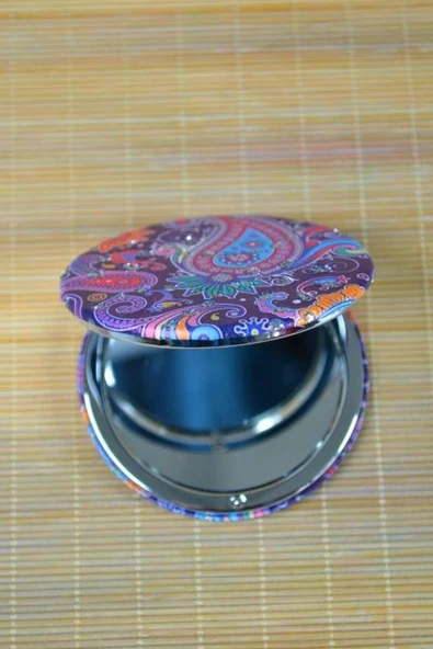 Cep Çanta Aynası, Makyaj Aynası Etnik Desenli Yuvarlak 7x7cm Model 2 - Resim 2