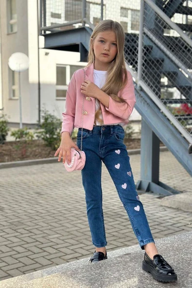 Kız Çocuk Gümüş Düğme Detaylı Pudra Blazer Ceket Kalp Detaylı Jean Pantolon Alt Üst Takım 2251205016 - 2