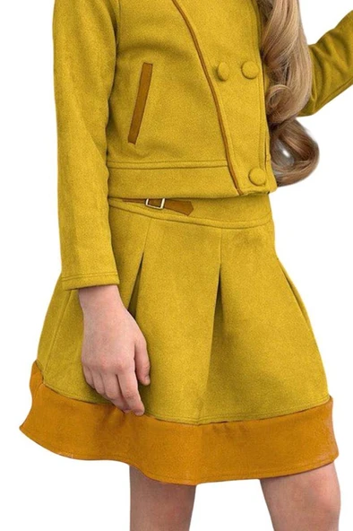 Kız Çocuk Asimetrik Kesim Gömlek Yaka Ceket Eteği Şerit Detaylı Pliseli Süet Hardal Etekli Takım - 7