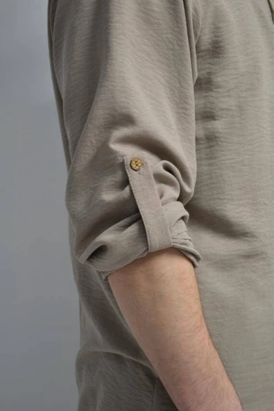 Hac ve Umre İçin Erkek Takım-Lastikli Pantolon&Dik Yaka Gömlek Vizon - 6