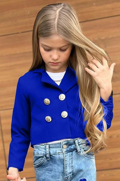 Kız Çocuk Gümüş Düğme Detaylı Lacivert Blazer Ceket Kalp Detaylı Jean Pantolon Alt Üst Takım 2251205017 - 3