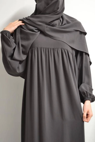 Medine İpeği Elbise- Sufle ve Peçe Takım Üç Parça Set Füme - Resim 2