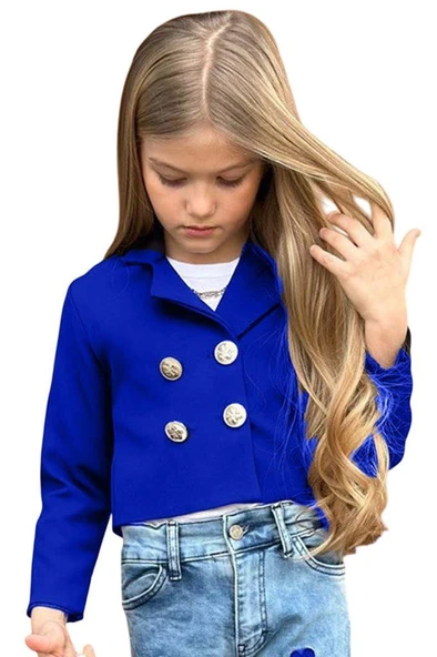 Kız Çocuk Gümüş Düğme Detaylı Lacivert Blazer Ceket Kalp Detaylı Jean Pantolon Alt Üst Takım 2251205017 - 3