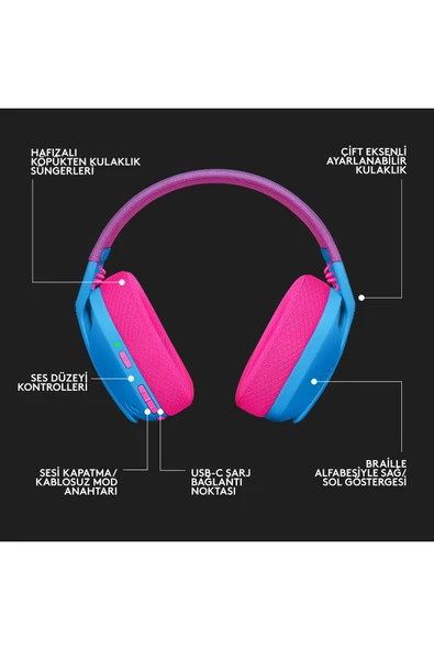 Logitech G G435 Lightspeed Kablosuz Oyuncu Kulaklığı - Mavi - 8