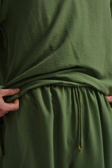 Hac ve Umre İçin Erkek Takım-Lastikli Pantolon&Dik Yaka Gömlek Yeşil - Resim 4