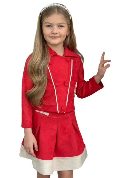 Kız Çocuk Asimetrik Kesim Gömlek Yaka Ceket Eteği Şerit Detaylı Pliseli Süet Kırmızı Etekli Takım - Resim 6