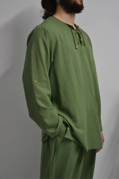 Hac ve Umre İçin Erkek Takım-Lastikli Pantolon&Dik Yaka Gömlek Yeşil - 7