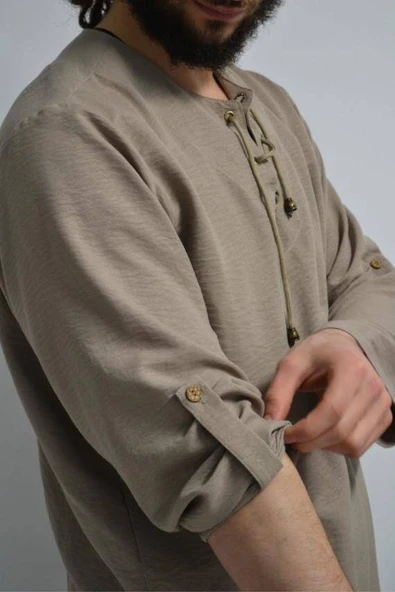 Hac ve Umre İçin Erkek Takım-Lastikli Pantolon&Dik Yaka Gömlek Vizon - Resim 2