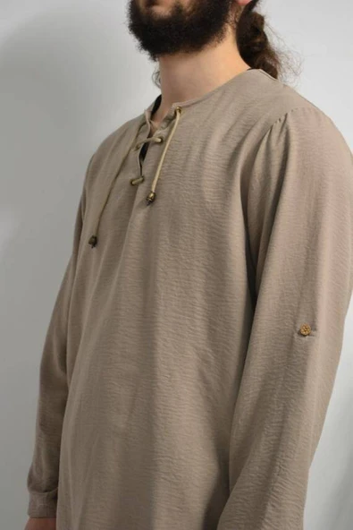 Hac ve Umre İçin Erkek Takım-Lastikli Pantolon&Dik Yaka Gömlek Vizon - 7