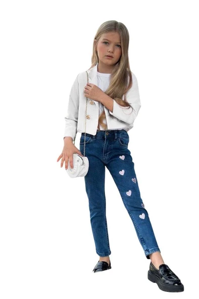 Kız Çocuk Gümüş Düğme Detaylı Beyaz Blazer Ceket Kalp Detaylı Jean Pantolon Alt Üst Takım 2251205015 - 2
