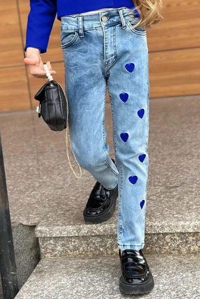 Kız Çocuk Gümüş Düğme Detaylı Lacivert Blazer Ceket Kalp Detaylı Jean Pantolon Alt Üst Takım 2251205017 - 4